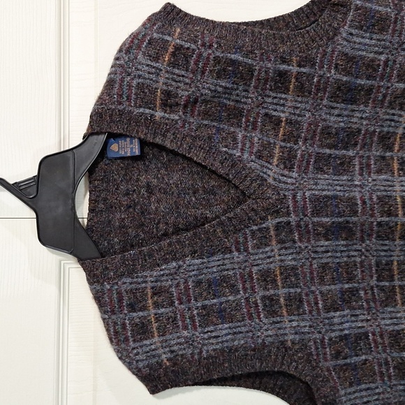 Pure Italian wool made in Italy oversized v-neck sweater vest - S - plaid brown - Picture 5 of 9